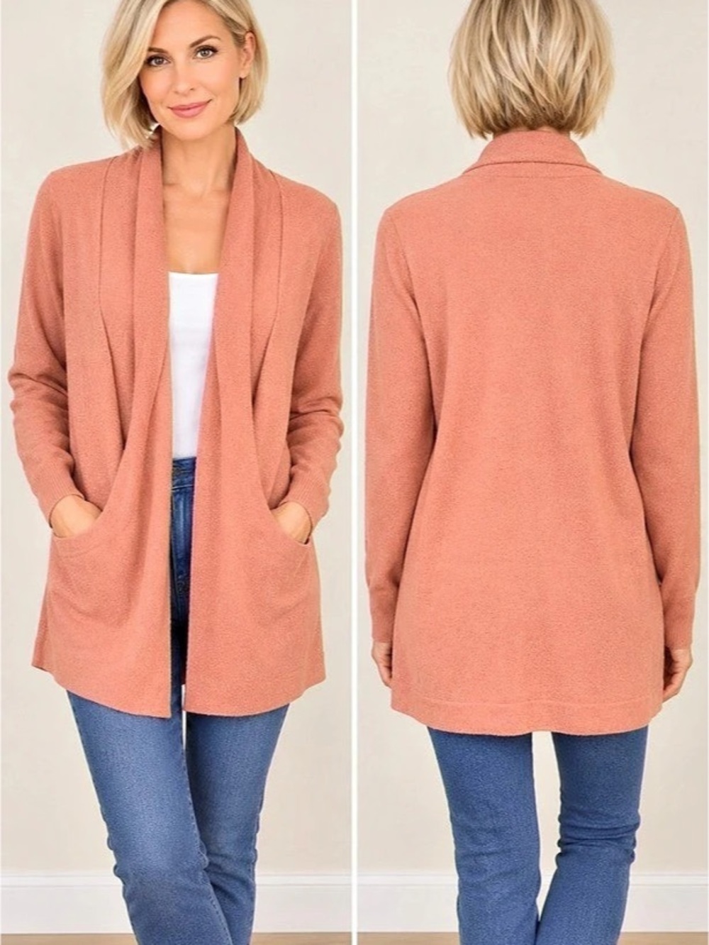 Open Front Cardigan in Pink salmon  size large label removed